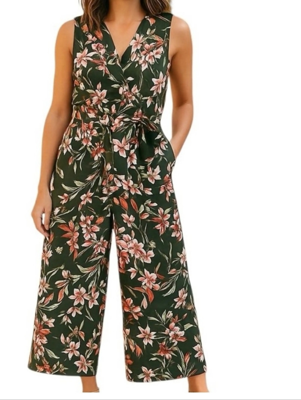 LIKE NEW!! Apt. 9 Dark Green Floral Sleeveless Wide-Leg Jumpsuit. Size 4 - Picture 1 of 11